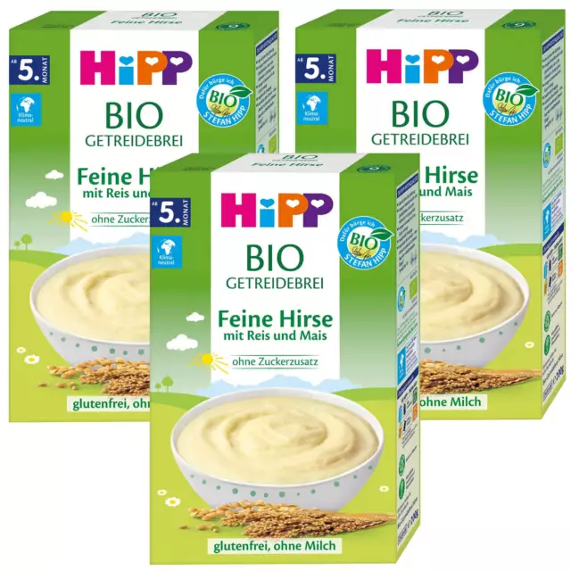3x 200g HiPP Bio Getreidebrei Fina Millet Con Arroz + Maíz Sin Azúcar sin Gluten