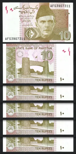 Pakistan 10 Rupees 2015, UNC, 5 Pcs LOT, Consecutive, P-45j
