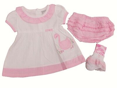BNWT Baby Ragazze Rosa e Bianco Cigno Vestito Estivo Set Completo 0-3m 3-6m 6-9