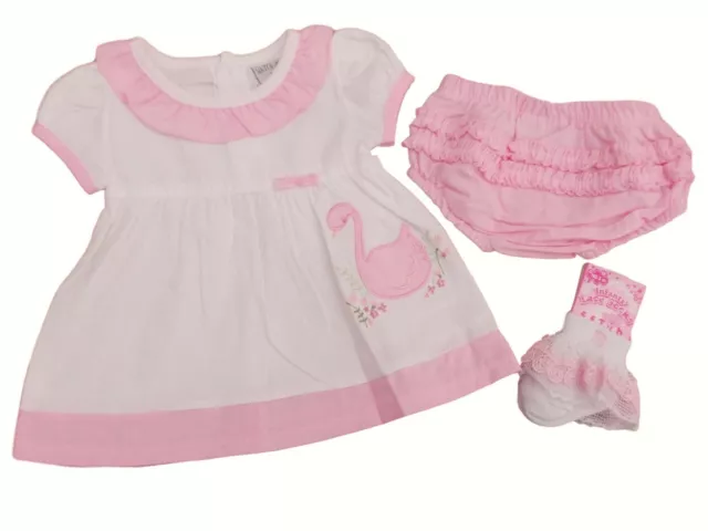 BNWT  Baby girls pink & white swan summer dress set outfit 0-3m  3-6m  6-9 mths