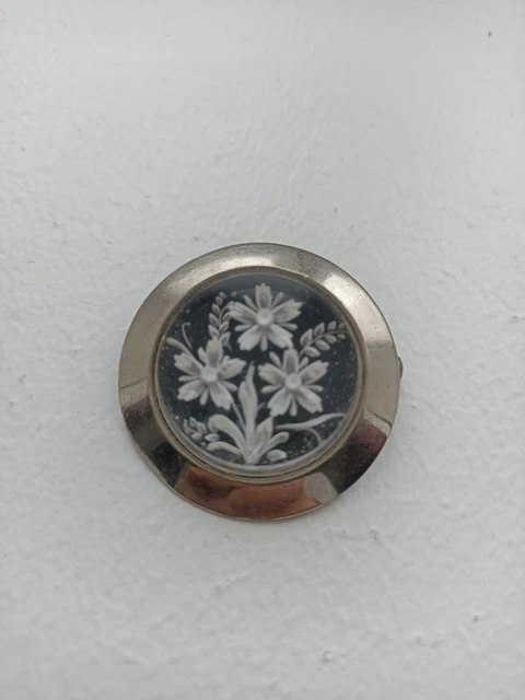 Broche Ancienne Sculptée Inversée Fleurs Rouges – Lucite Et Métal Doré – Style Art Déco Vintage