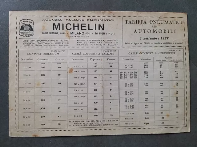 Pneumatici Michelin (Bibendum). Tariffa Pneumatici Automobili 1927.