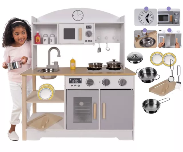 CUCINA PER BAMBINI IN LEGNO con pentole e accessori lavello e forno giocattolo