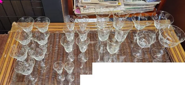 Vintage etched floral crystal stemware set 24 pcs Vintage etched floral crystal stemware set 24 pcs