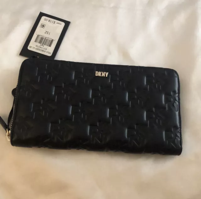 DKNY Vela Black Faux Leather Embossed Logo Large Zip Around Wallet NWT