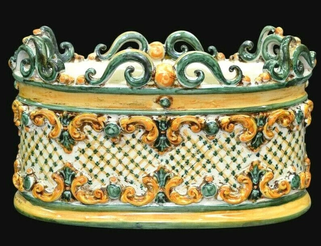 Piccola fioriera in ceramica vintage bianco crema / gres screpolato con piattino - Italia