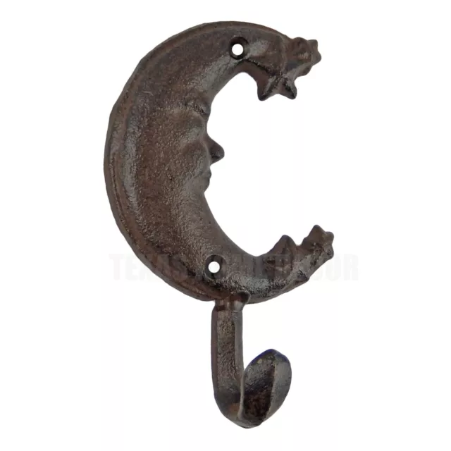 Moon Face Stars Wall Hook Cast Iron Key Towel Coat Hanger Antique Style Brown