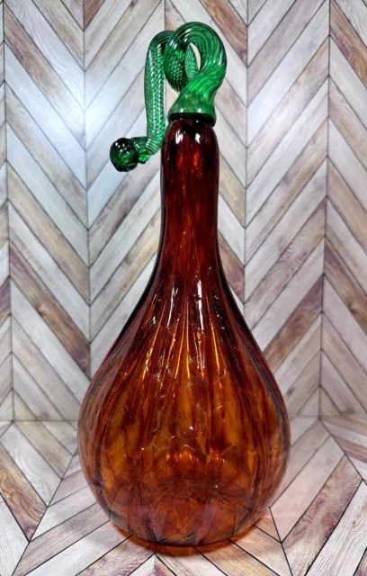 Hand Blown Art Glass Gourd Amber With Green Curly Stem Fall Autumn Squash  11"