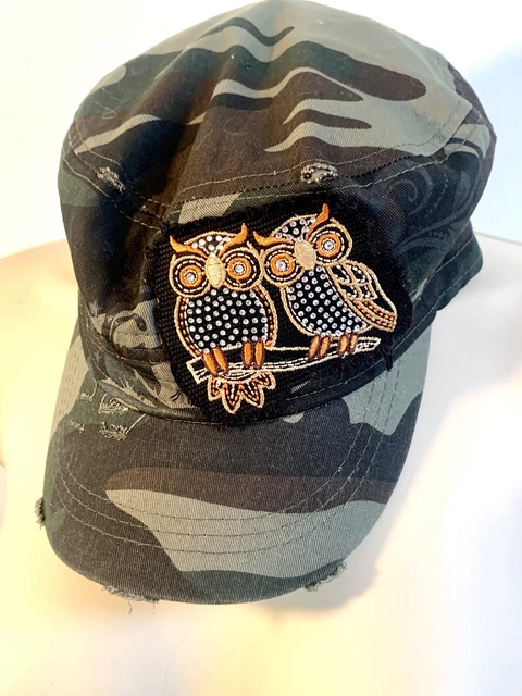 Camouflage Camo Army Radar Cap Hat Rhinestone Owls Patch Euc!