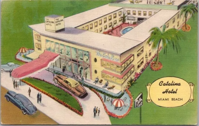 MIAMI BEACH, Florida Postcard CATALINA HOTEL Collins Avenue Linen - 1950 Cancel