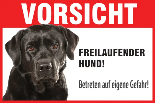 Cartello di avvertimento Labrador nero cane a ruota libera
