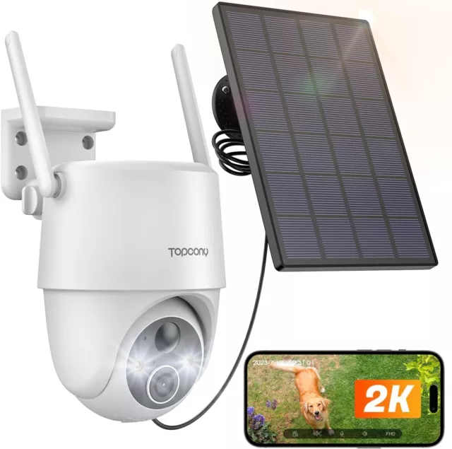 Topcony 2K Solar Überwachungskamera Wireless Outdoor, 360° PTZ Akku Wi-Fi CCTV C