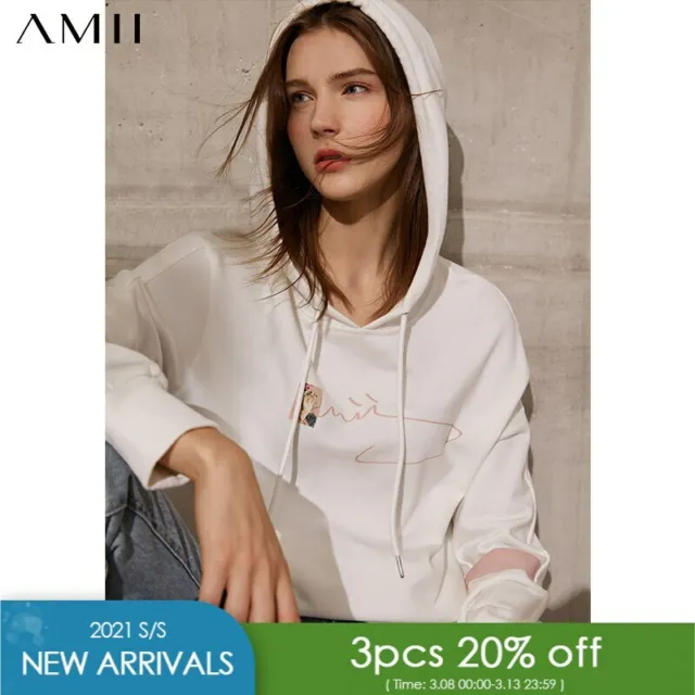 Amii Minimalism Spring New Sweatshirt Women Causal Hooded Loose Printed Hoodie