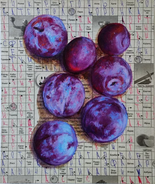 Plum Original Hand Oil Paintings Fruit Artwork Food Newspaper Kitchen Wall Art