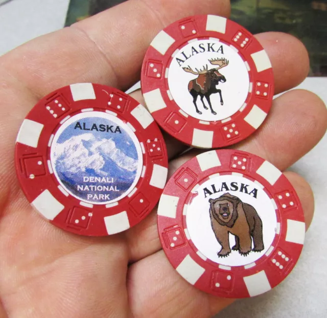 Alaska Souvenir Clay Red poker chips, set of 3 w/ Moose, Bear & Denali Stickers
