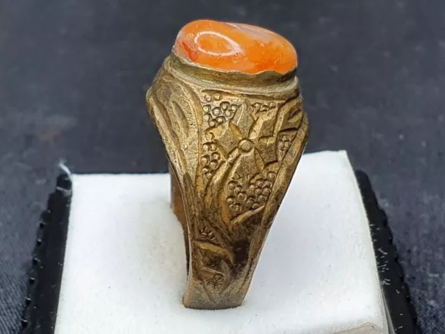 Antique Near Eastern Old Silver Brass Bronze Ring With Ancient Agate Stone Ring