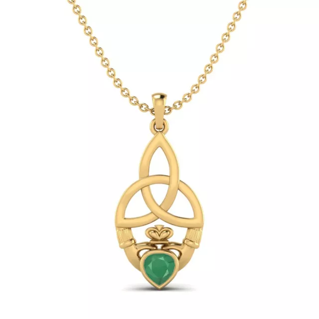 10k Gelbgold Herz Natürlicher Smaragd Claddagh Traditionell Anhänger Halskette