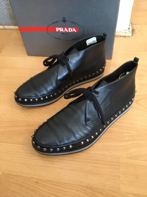 PRADA MENS BLACK Leather Studded High Top Sneakers Boot Uk 7, RRP£560 £ ...