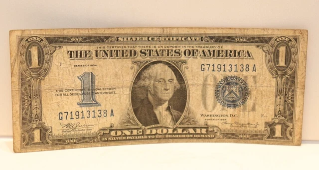 1934 $1 Silver Certificate One Dollar Funnyback VG G71913138A