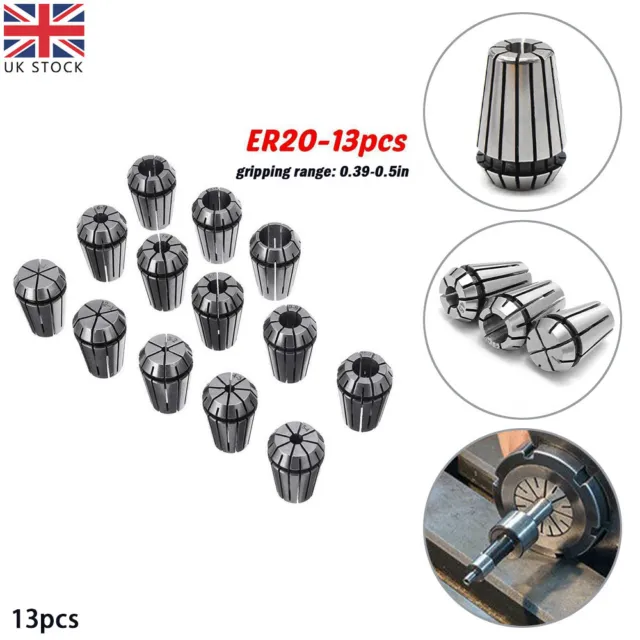 13pcs ER20 Spring Collet Set for CNC Workholding Chuck Milling Lathe 1mm-13mm UK