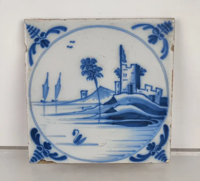 Antique 18c Dutch Delft Pottery Tile Blue & White B&W coastal castle scene c1780