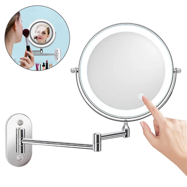 Espejo de maquillaje montado en pared con luz LED 5X espejo de aumento rotación 360 °