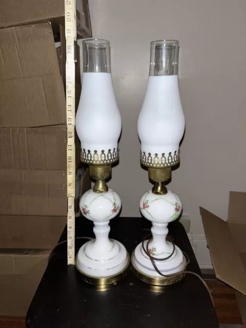 Vtg Pair GWTW Bedroom Hurricane Lamps ROSES Milk Glass FROSTED Inserts Electric
