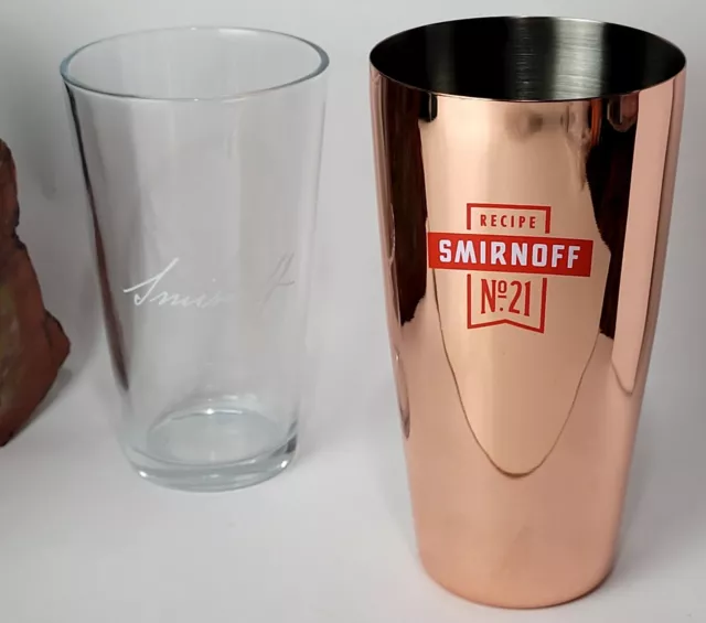 SMIRNOFF VODKA NO. 21 BAR COCKTAIL SHAKER  PROMO NOS BARWARE w/ LOGO PINT GLASS 3