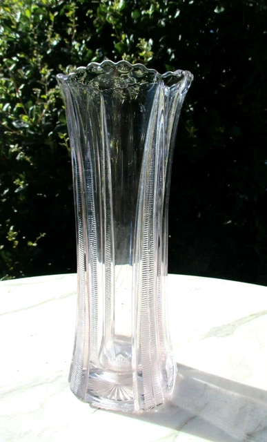 Antique Large Clear Glass Vase 9 3/4” Tall Pressed Purple Sun Stained