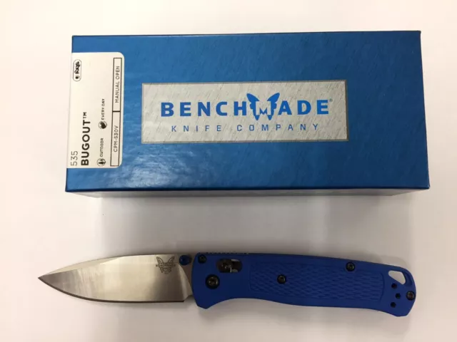 NEW Benchmade 535 Bugout CPMS30V Plain Edge Satin Finish Blade Blue Handle Knife