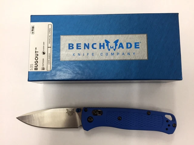 NEW Benchmade 535 Bugout CPMS30V Plain Edge Satin Finish Blade Blue Handle Knife