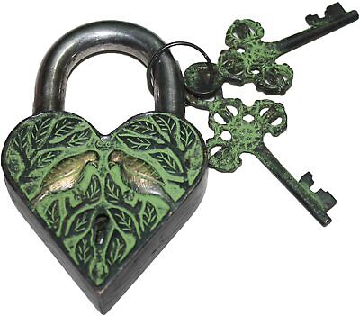 Rare Antique Style Heart Padlock with 2 Skeleton Keys Two Love Bird Engraved