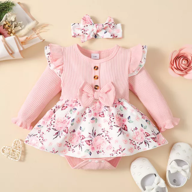 Newborn Baby Girls Floral Ruffled Romper Headband Sets Infant Outfits Costume US 3