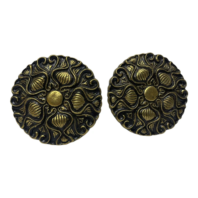 Gothic Art Nouveau Curtain Tie Backs x 2 Brass Heavy Ornate Medallion