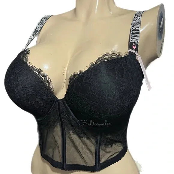 Victorias Secret Very Sexy Shine Strap Padded Push Up Lace Corset Bra 38D Black