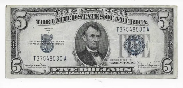 1934 D  $5  Silver Certificate Note   Gorgeous Note  Rare TA Block