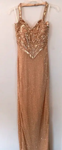 Long Gold Sequin Formal Ball Gown Prom Dress Size 3/4 Wedding Pageant halter TLC