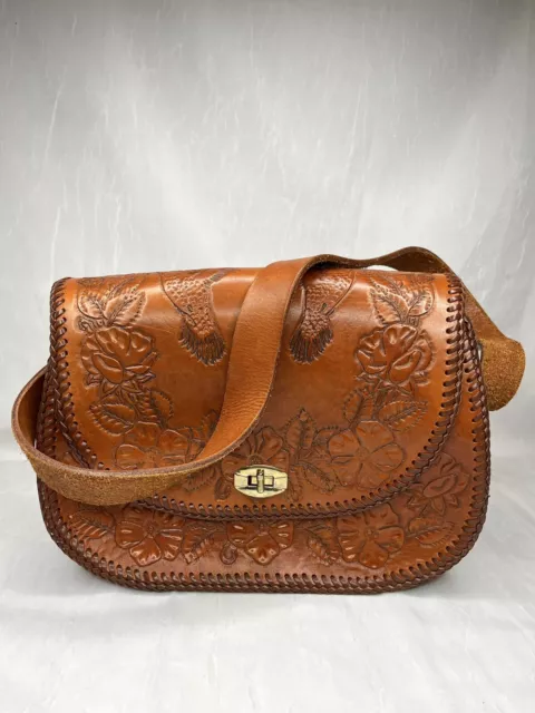 Vintage Hand Tooled Brown Leather Purse Cowgirl Western Floral Hummingbird Bag