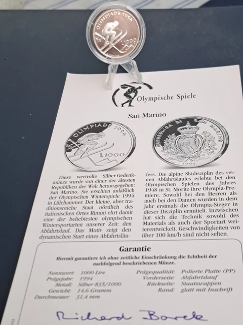 1000 Lire San Marino Discesa 1994 PP Piastra Lucidata Argento 835 14,6 g