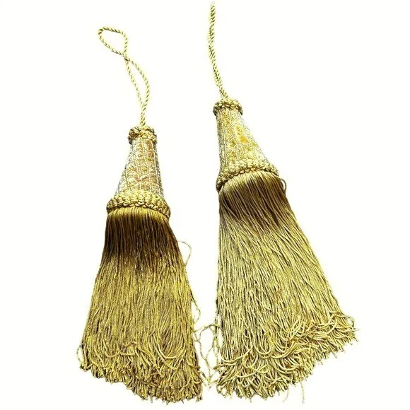Set of 2 fabric wrapped large gold tassels home hanging decor, curtail pull back