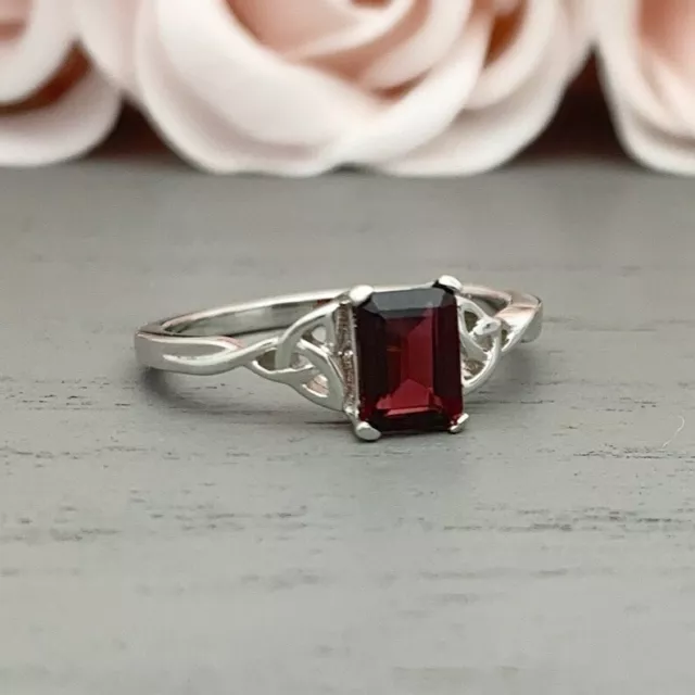 Emerald Cut Natural Red Garnet 925 Sterling Silver Dainty Promise Ring For Her