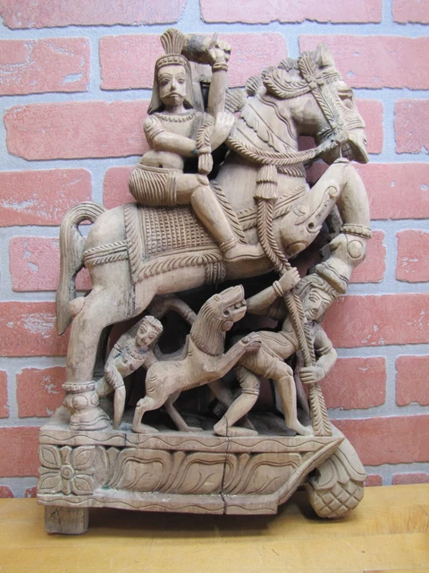 Old Hand Carved Asian Wooden Art Panel Figural Horse Warrior Rider Ornate Detail