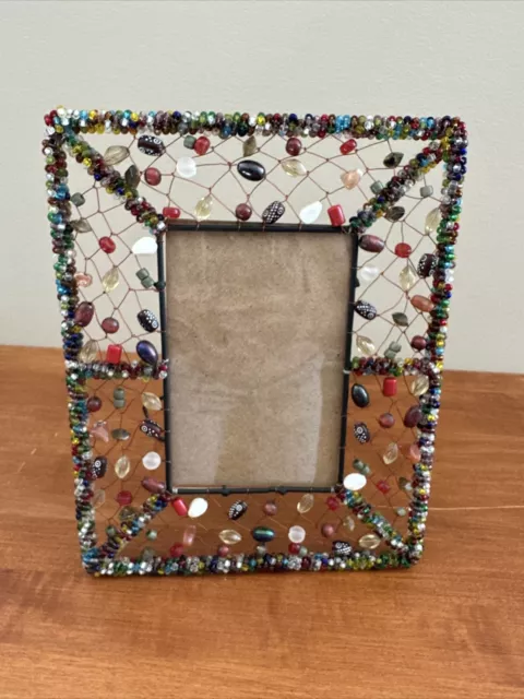 Pier One Imports Picture Frame Holds Size 4x6” Confetti Beads Boho Decor Wire