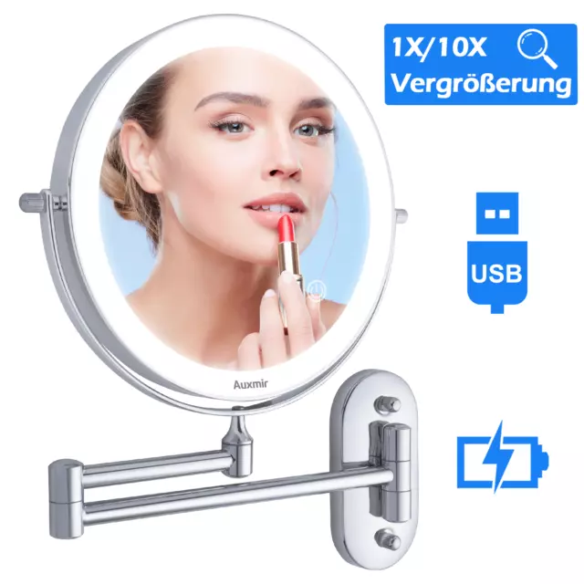 auxmir® Kosmetikspiegel Beleuchtet 10X Vergrößerung LED Doppelseitig Dimmbar