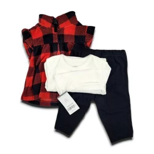 Carters Baby Girls 3M Fleece 3 Piece Set Outfit Fall Winter Vest Red Plaid Pants