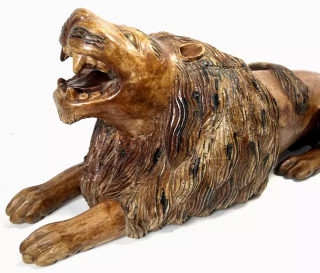 LARGE Vtg Hand Carved Wood Lion L23" x H9", Private Parts Underside (See Photos)