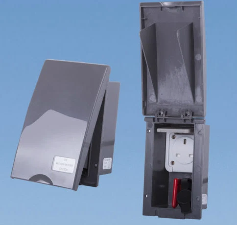 External Isolation Switch Keyed Protection Box EXTERNAL MAINS SOCKET and Isolator Switch Box GREY TND Caravan ...