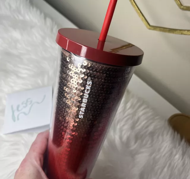 Starbucks Rose Gold Red Ombre Sequin Acrylic Cold Cup Tumbler 24 Oz 2018 Holiday