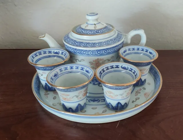 Vintage Chinese Rice Grain Porcelain Tea Set With Tray and Cups