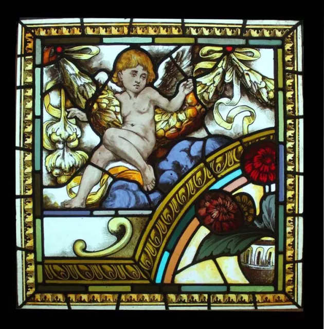 Rare Pre-Raphaelite Painted Cherub Antique Stained Glass Window